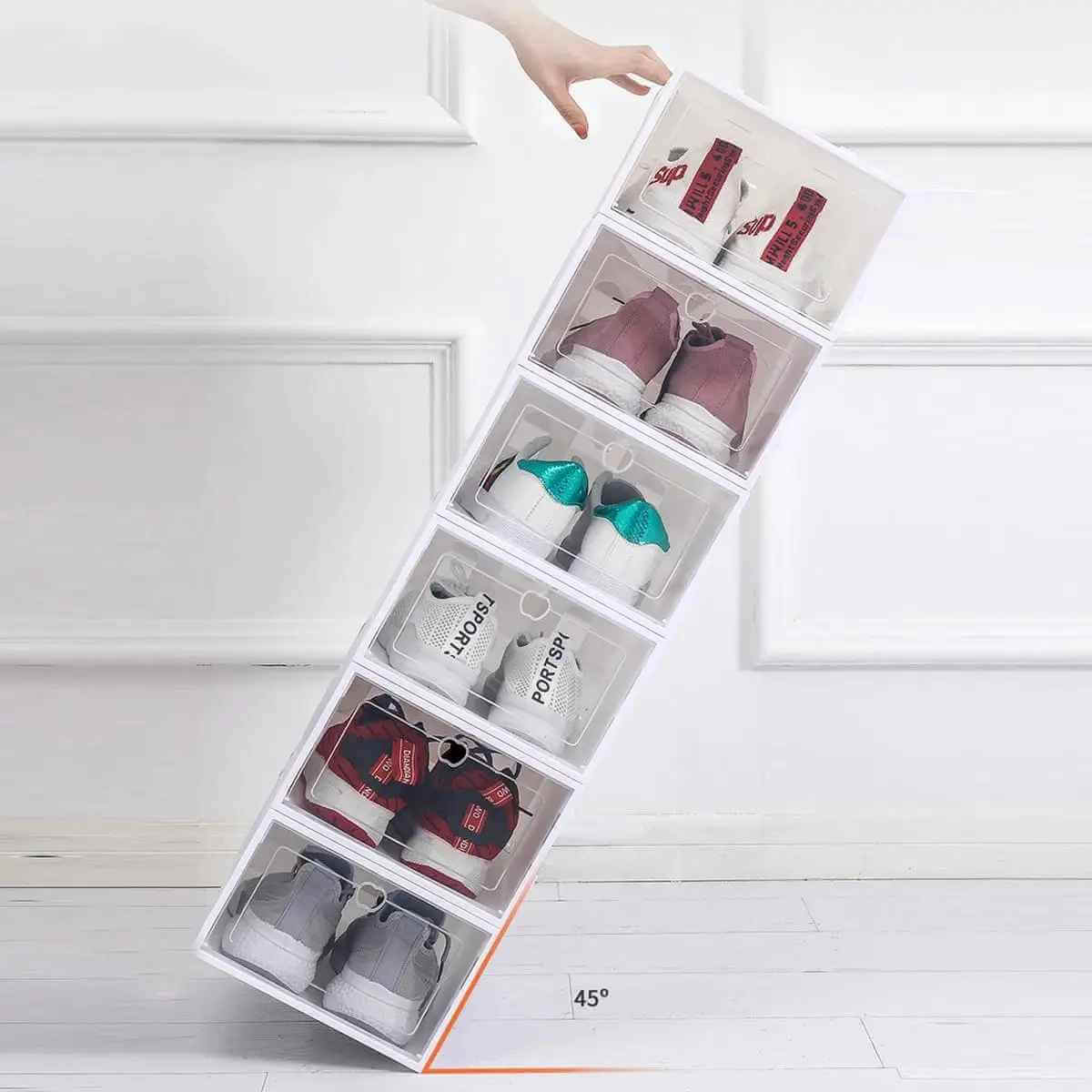 boite rangement chaussures avec six paires chaussures