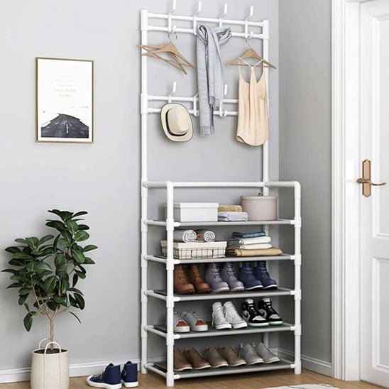 etagere chaussure stacky blanc avec dix paires chaussures