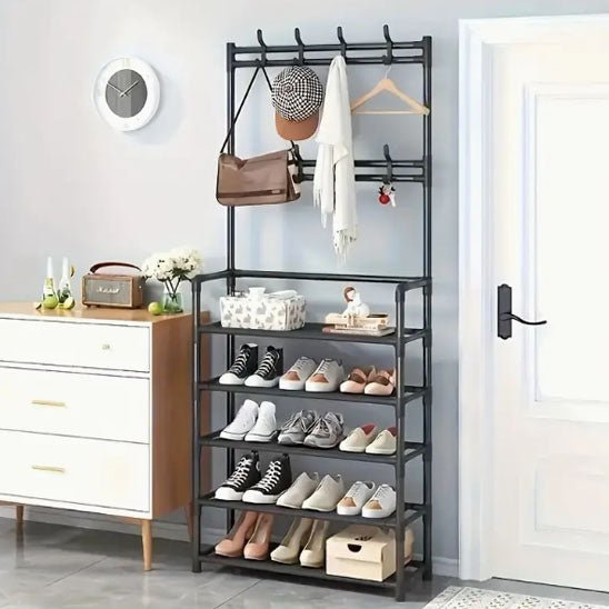 etagere chaussure stacky noir avec onze paires chaussures