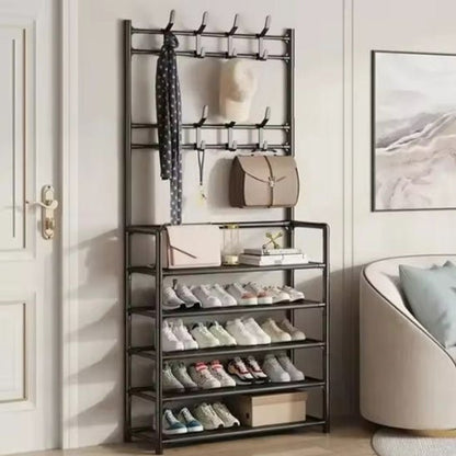 etagere chaussure stacky noir avec quatorze paires chaussures